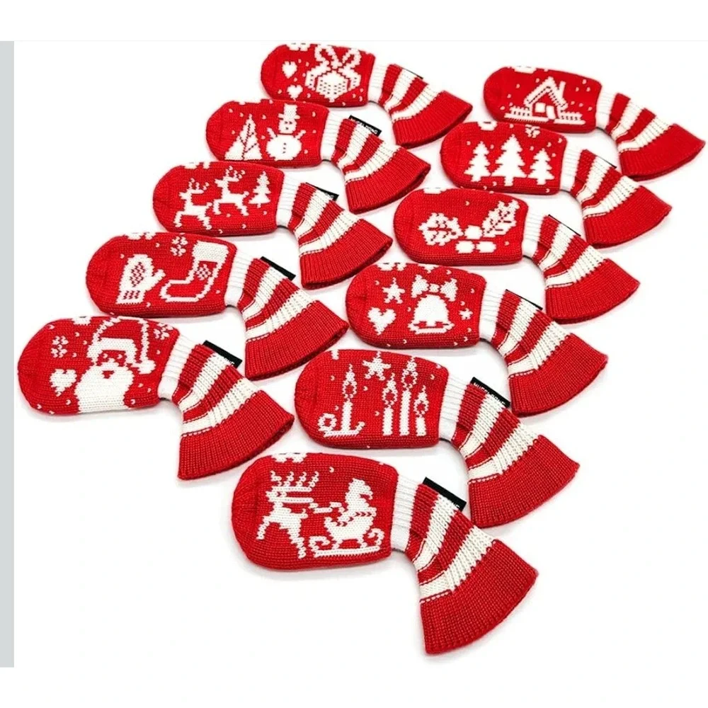 HUCELDONG Golf Iron Head Covers Knit Christmas Santa Snowman Reindeer Red White